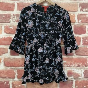 Saks Fifth Avenue Top Women's Small Black Multicolor Floral Vine Ruffle Shirt